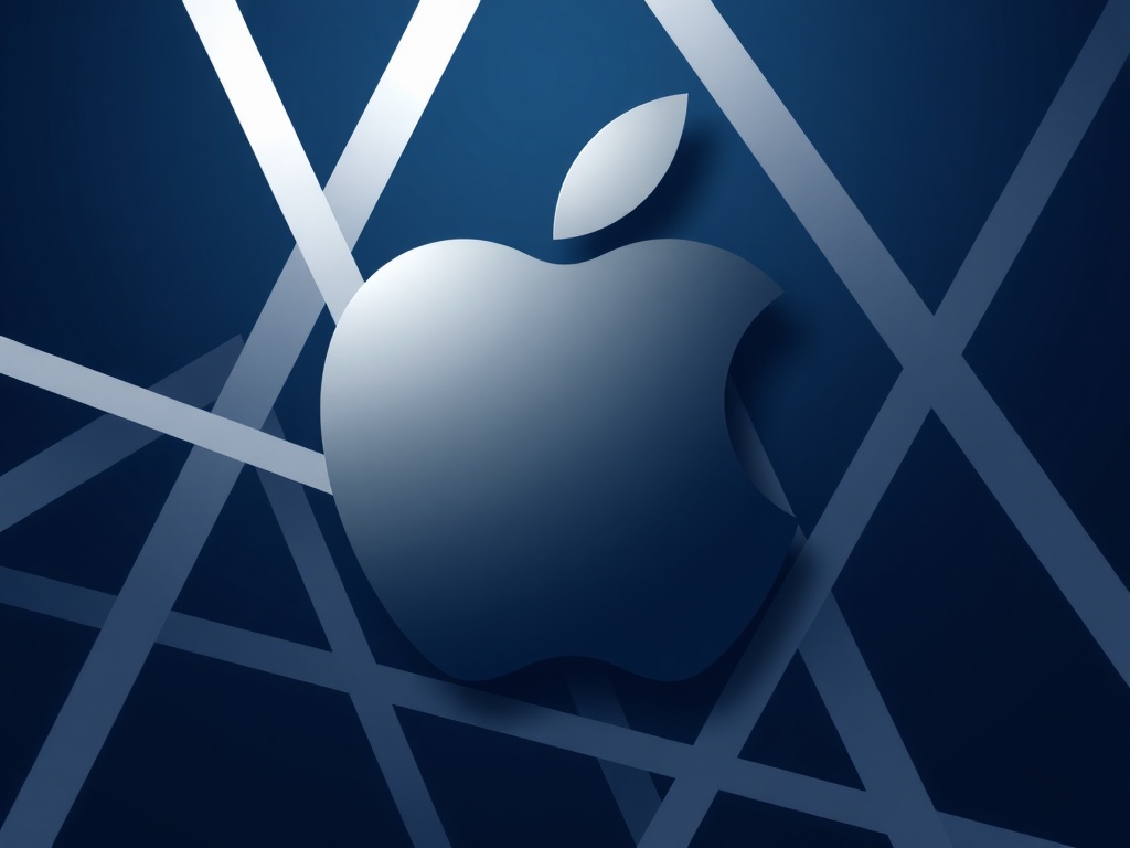 A stylized apple silhouette interwoven with abstract geometric lines, in gradient silver and deep blue. Minimalist, modern, tech-oriented. High contrast, clean vector-like appearance. Photorealistic, 8k.